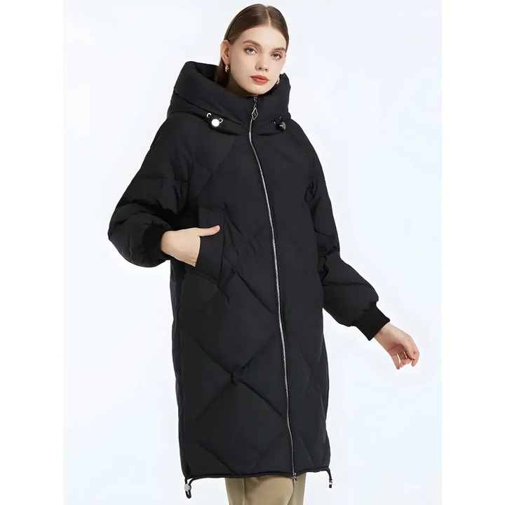 Hooded zip-up long puffer coat - black / s