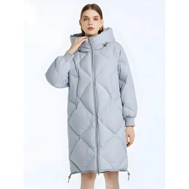 Hooded zip-up long puffer coat - blue / s