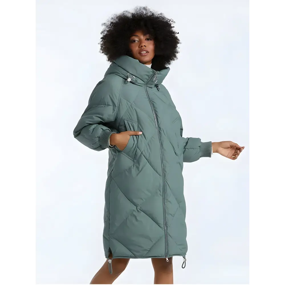 Hooded zip-up long puffer coat - green / s