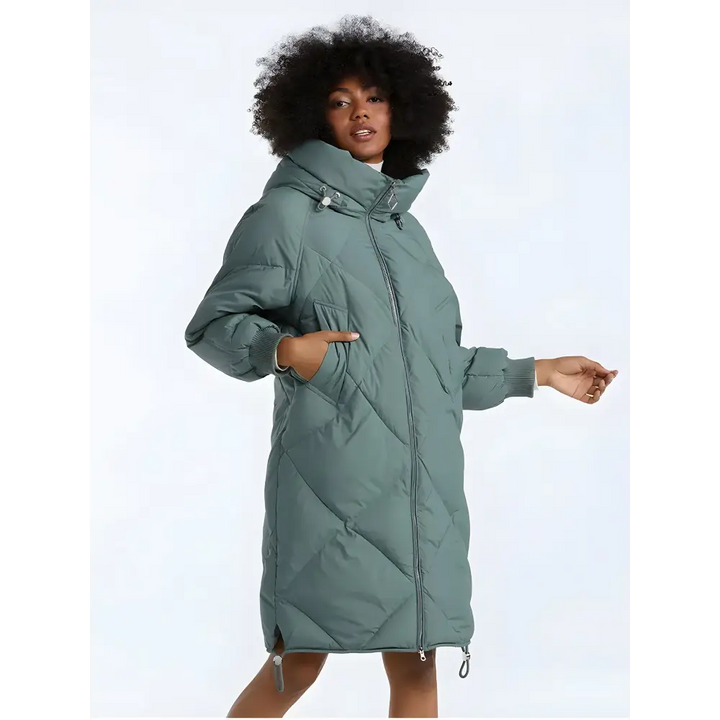 Women’s high neck puffer coat with double zip fastening for winter warmth - green / s