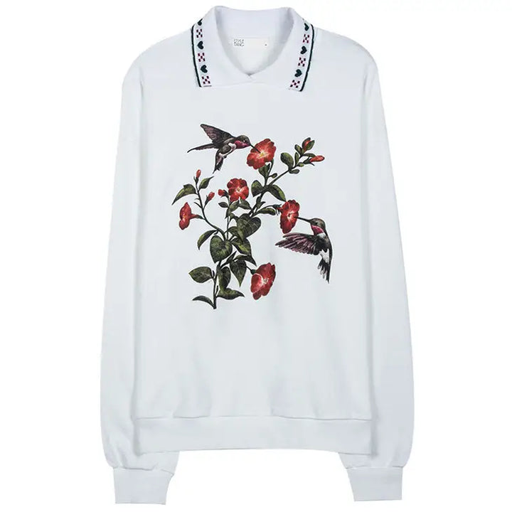 Vintage hummingbird print y2k crewneck sweatshirt with shirt collar - sweatshirts