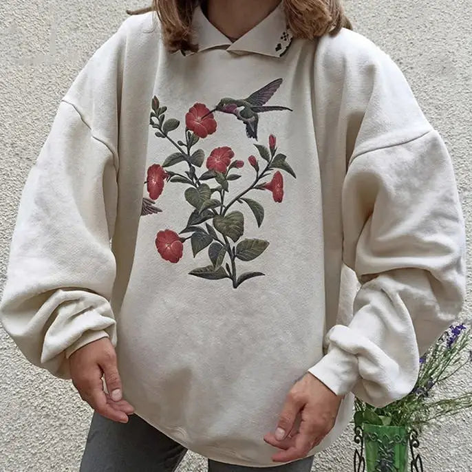 Vintage hummingbird print y2k crewneck sweatshirt with shirt collar - sweatshirts