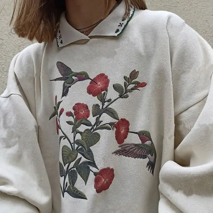 Vintage hummingbird print y2k crewneck sweatshirt with shirt collar - sweatshirts