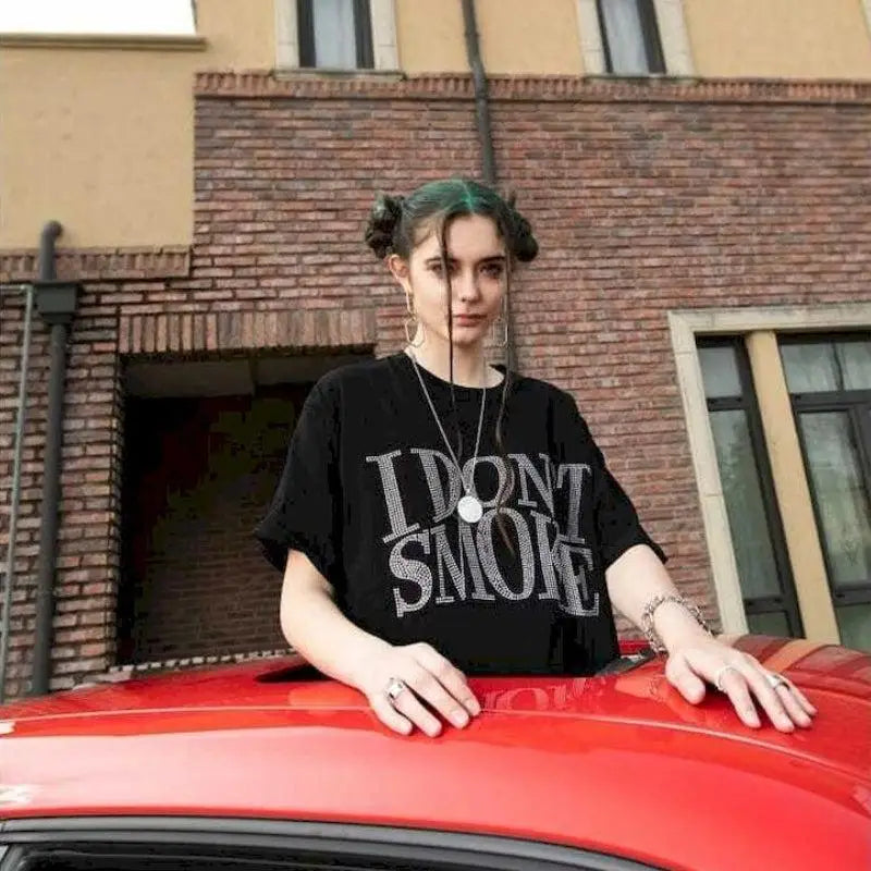 Unisex tee with faux diamante graphic print i don’t smoke statement