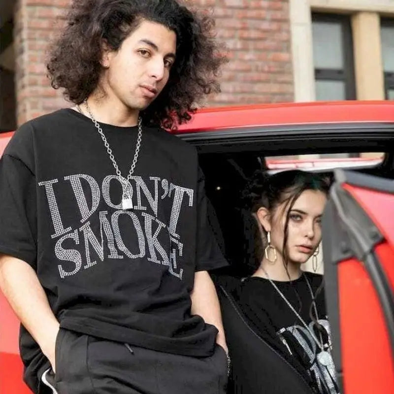 Unisex tee with faux diamante graphic print i don’t smoke statement