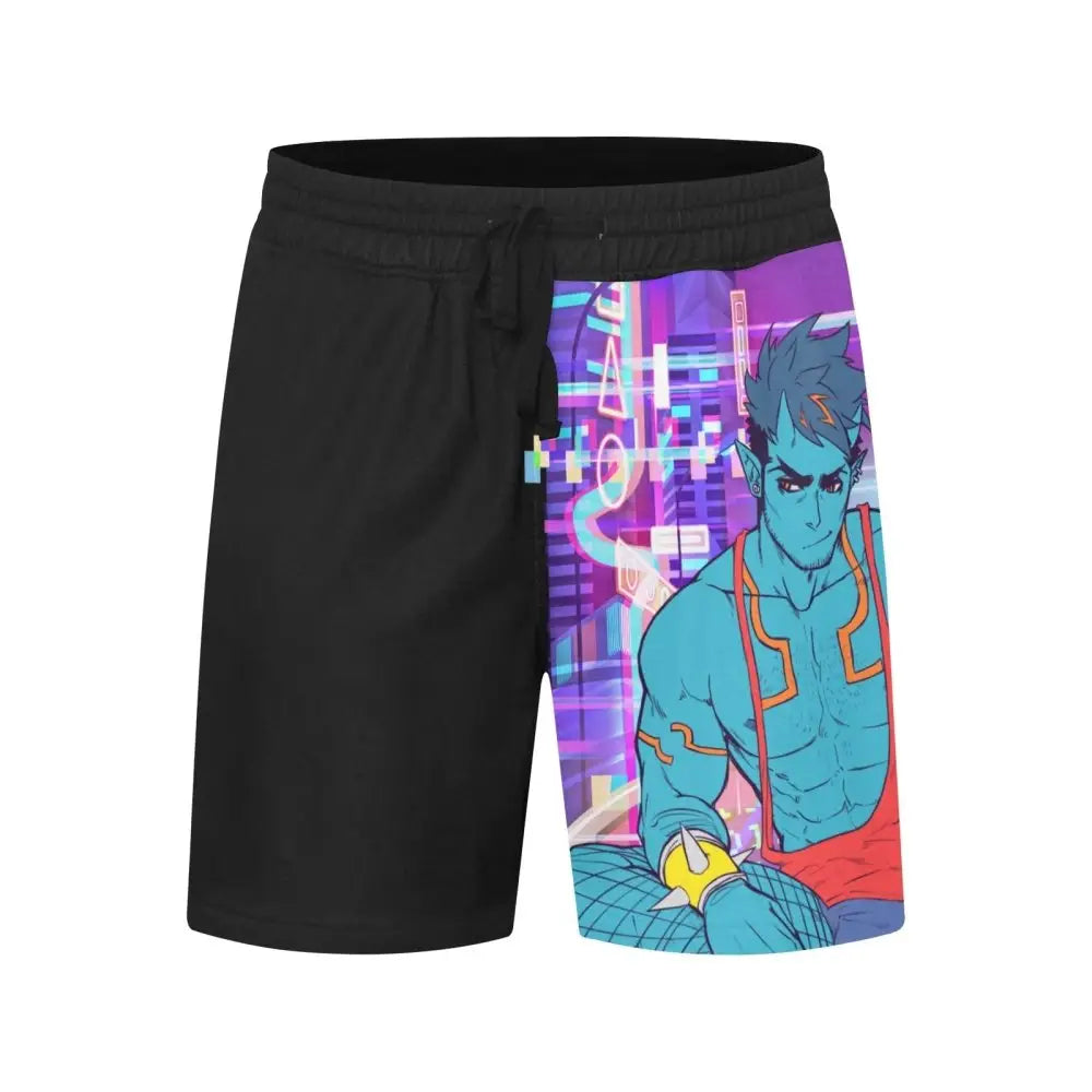 Y2k black casual anime track shorts with drawstring waist - men’s mid-length (l50)