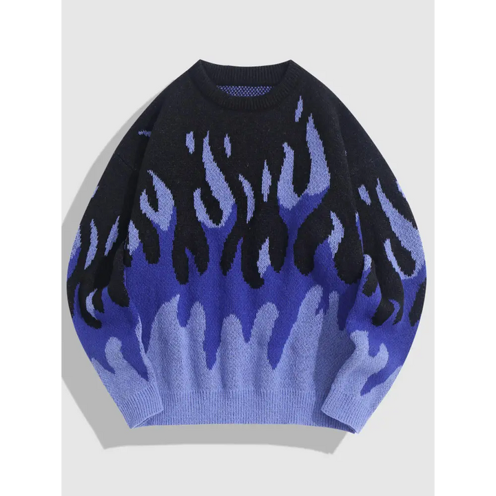 Indie flame knitted sweater with striking print - blue / s