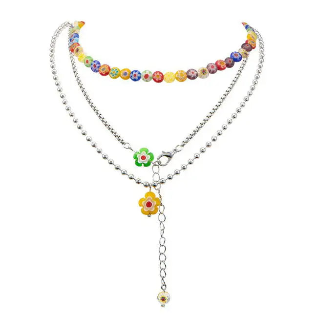 Y2k floral bead necklace with silver chain and flower charms - standart