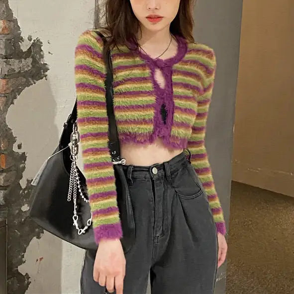 Indie kid fuzzy cardigan - free size / green/purple