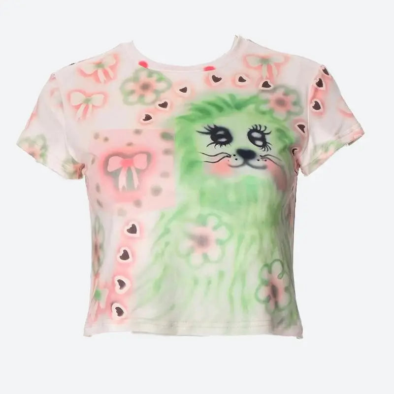 Whimsical green cat tee in y2k indie style for casual wear