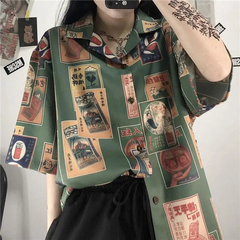 Japanese figure print women’s shirt with elegant eastern style