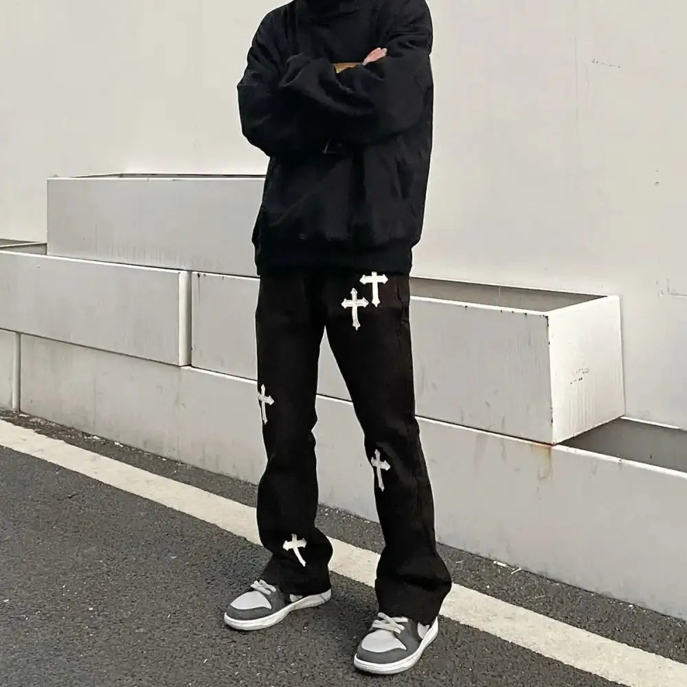 Jeans y2k homme à croix pour style streetwear unique - noir / s