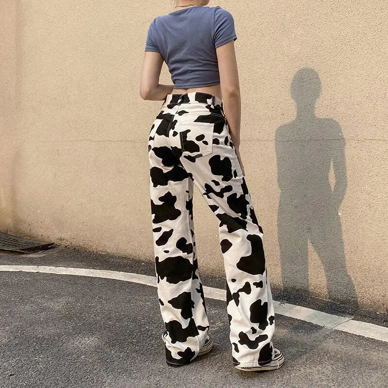 Jean y2k motif peau de vache pour streetwear