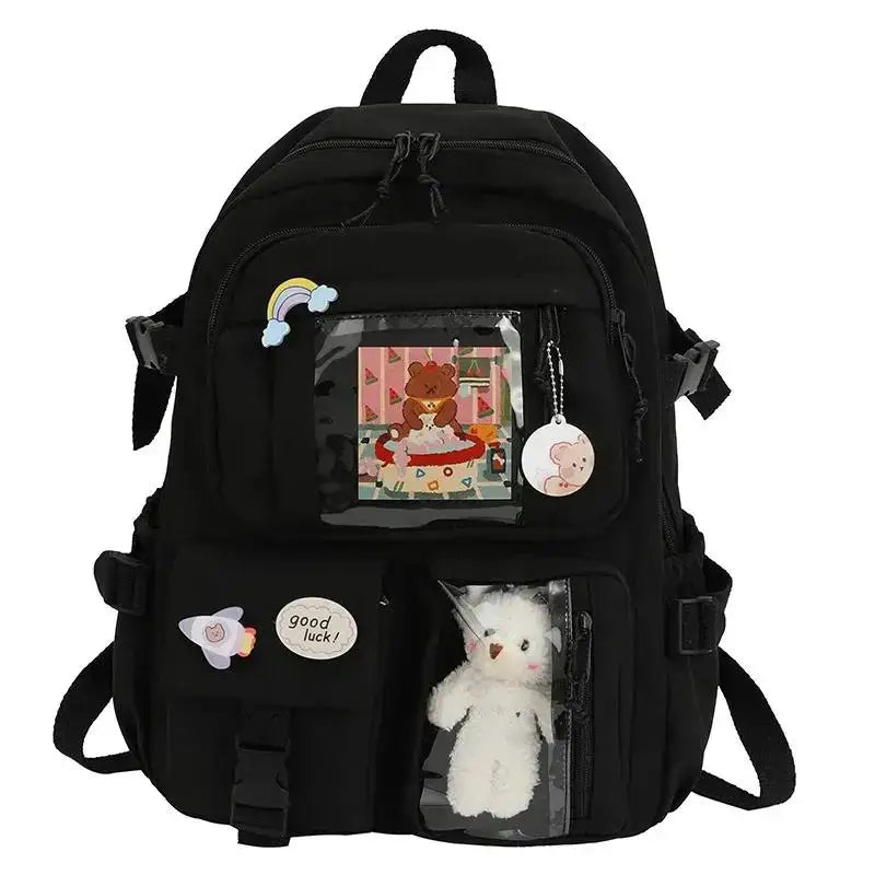 Kawaii backpack with interior slot pocket and cell phone - 16 inches / black