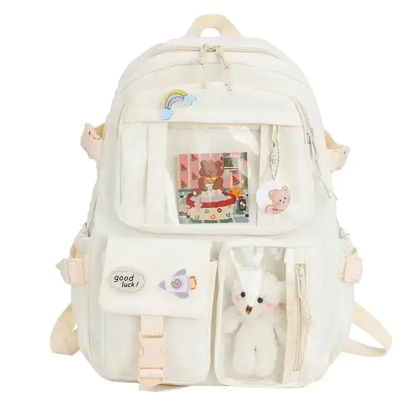 Kawaii backpack with interior slot pocket and cell phone - 16 inches / beige