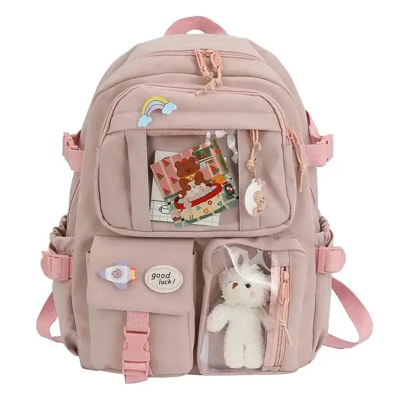 Kawaii backpack with interior slot pocket and cell phone - 16 inches / pink