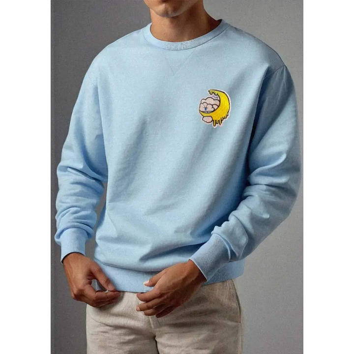 Kawaii cloud cartoon blue sweatshirt with melting moon design