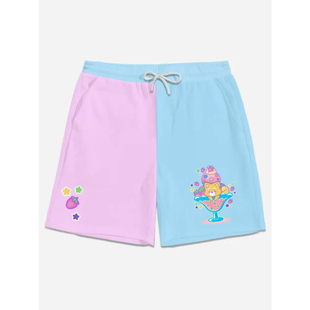 Kawaii color block soft fabric men’s unisex shorts for all-day wear - s / blue-pink - mid-length casual (l50)