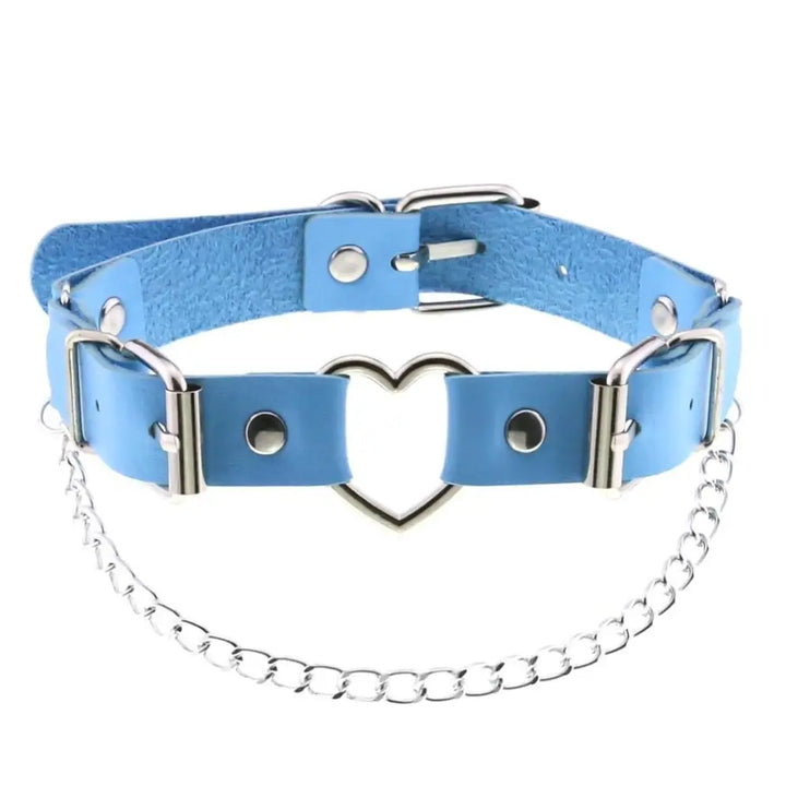 Kawaii doll heart strap chain detail choker necklace in pu leather - one size / blue - accessories