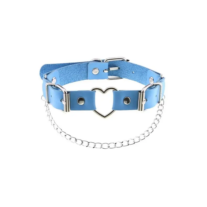 Kawaii doll heart strap chain detail choker necklace in pu leather - one size / blue - accessories