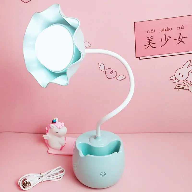 Kawaii girl desk lamp with touch control and pen holder - blue