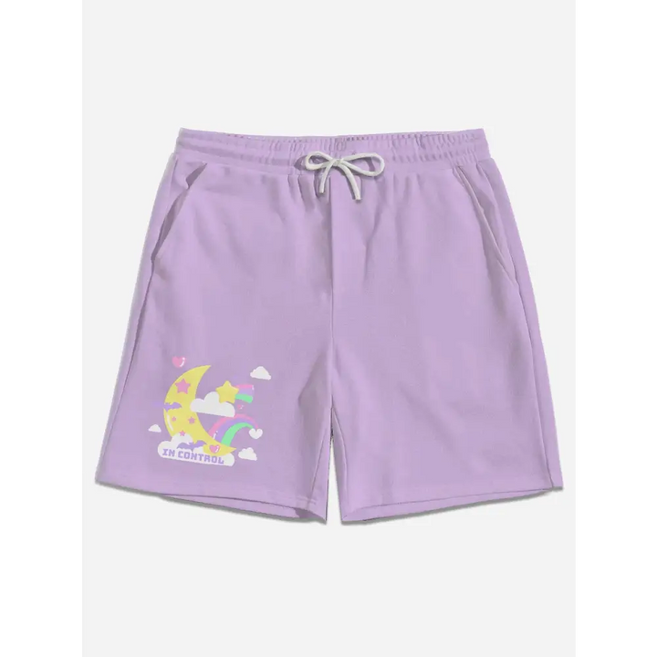 Soft fabric unisex shorts in y2k style with drawstring waist - s / lilac - men’s mid-length casual (l50)