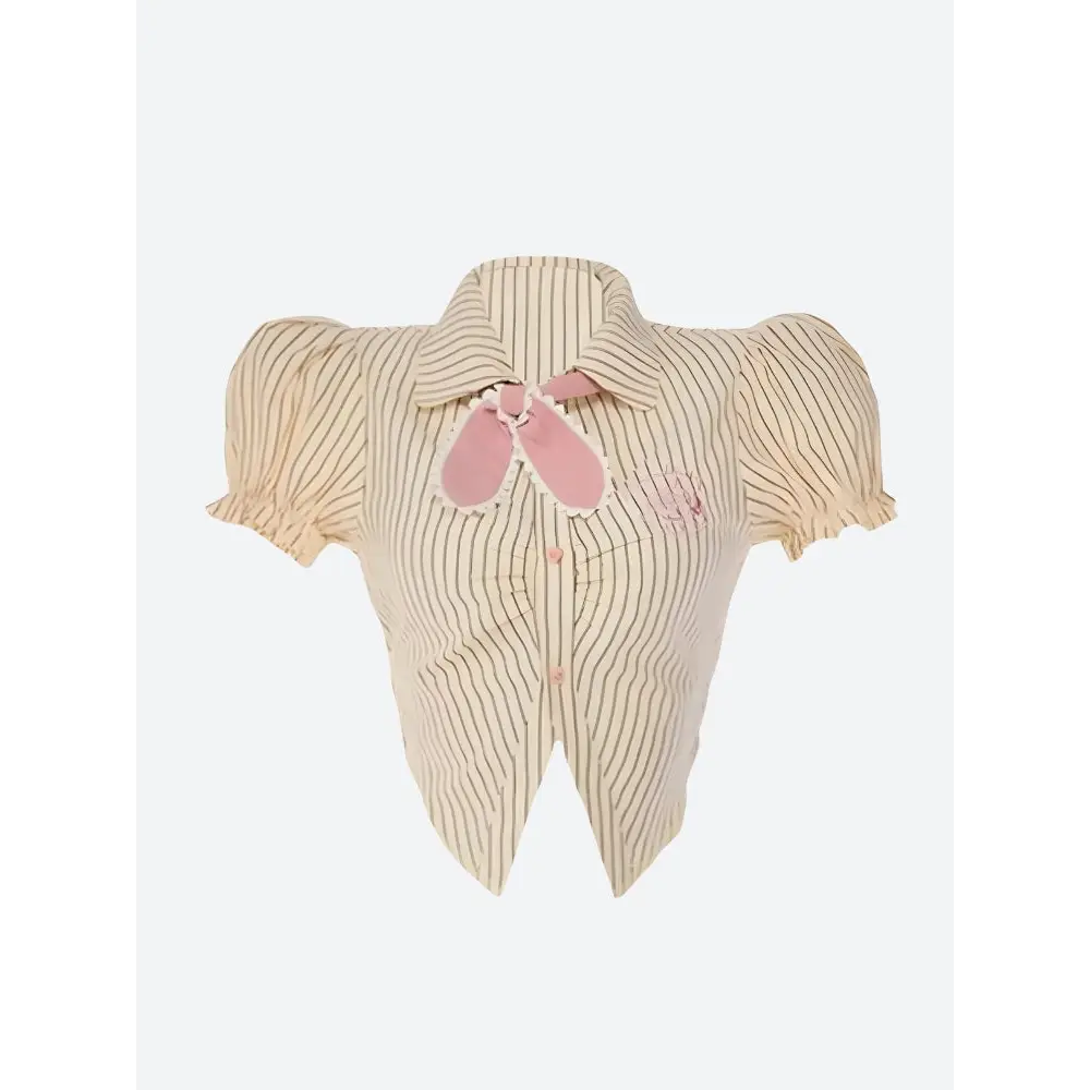 Y2k striped shirt with pink bow and coordinating skort set - xs - two piece sets