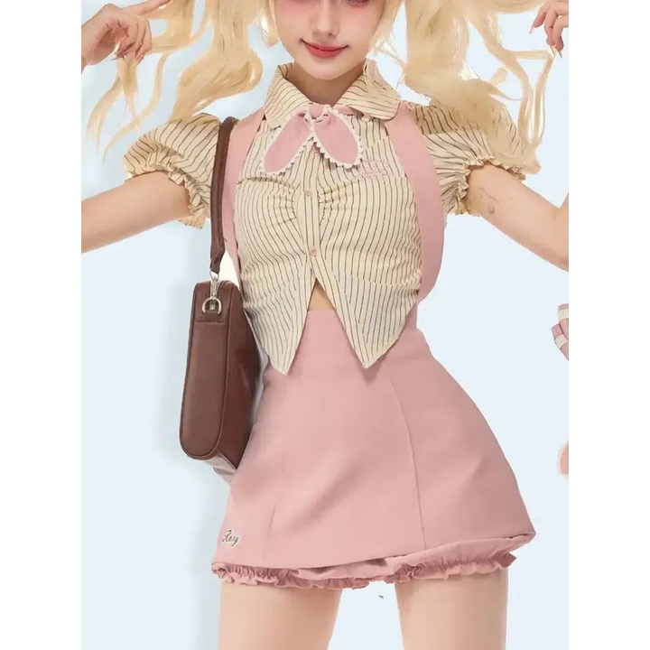 Y2k striped shirt with pink bow and coordinating skort set - two piece sets