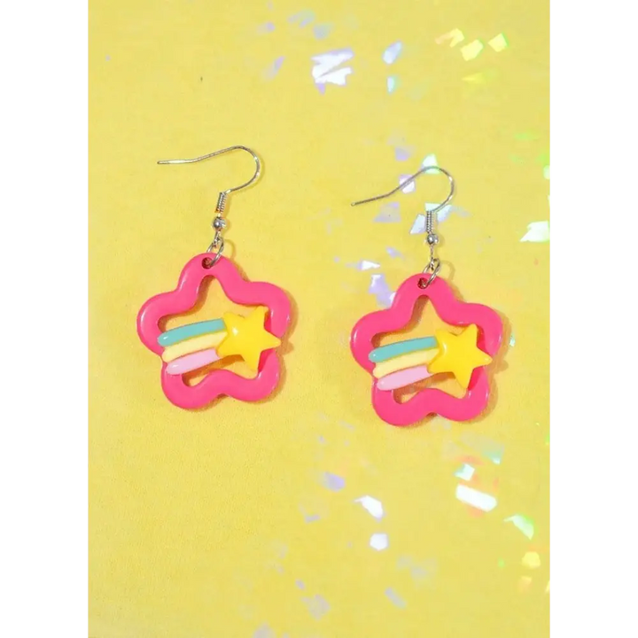 Kawaii star earrings with rainbow studs for a cute style boost - hot pink - earrings