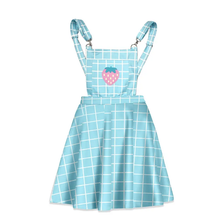 Kawaii strawberry gird dress overalls for a cute summer look - xs / blue