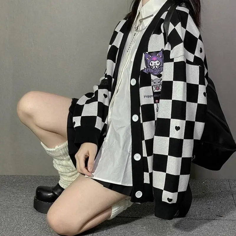 Kawaii black cardigan with sanrio kuromi embroidery for y2k style