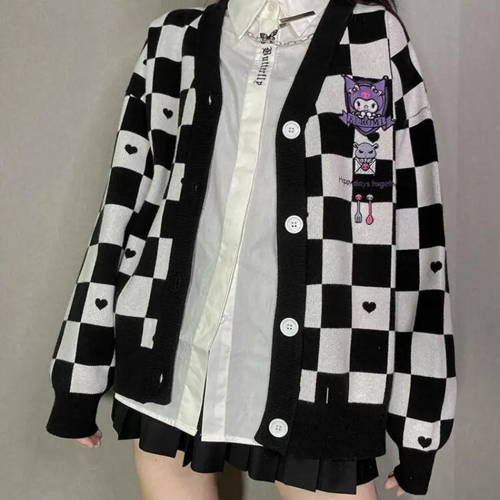 Kawaii black cardigan with sanrio kuromi embroidery for y2k style - s