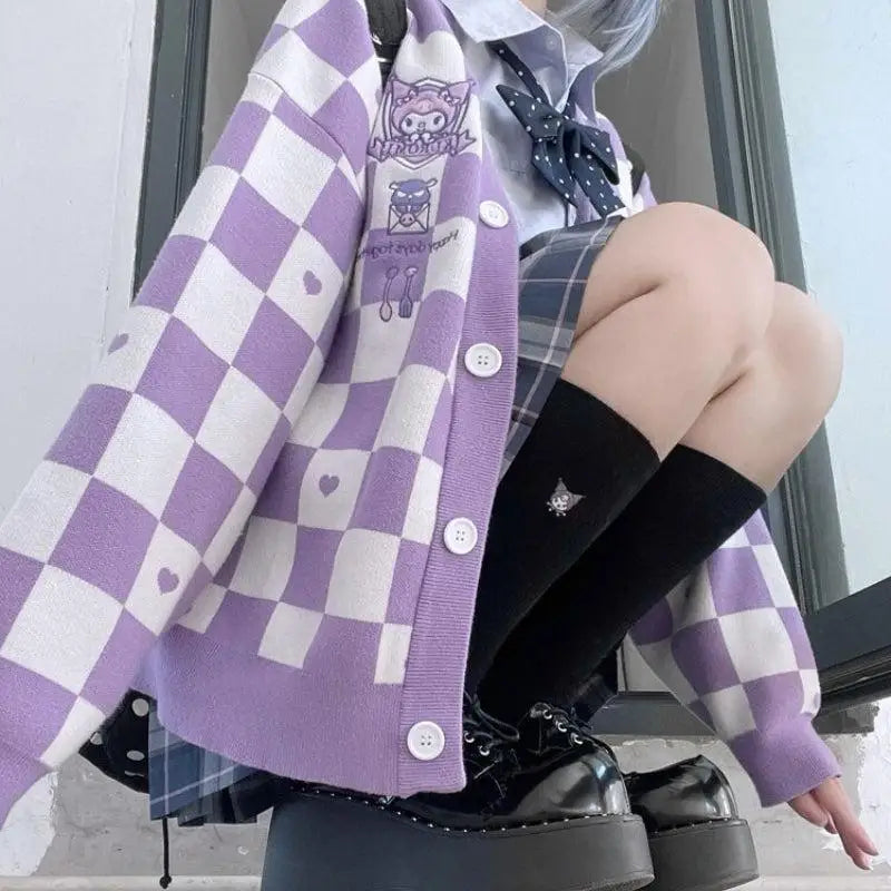 Kawaii kuromi cardigan jacket in purple with checked hearts