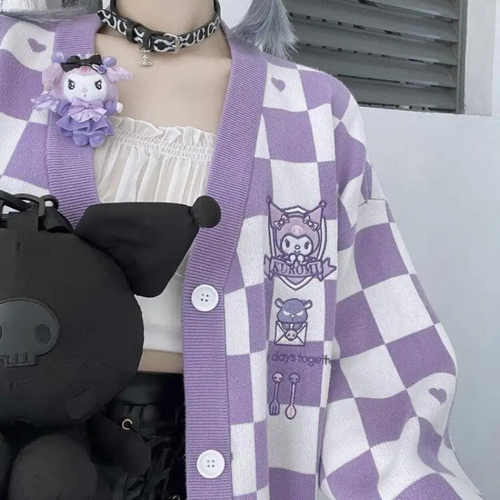 Kawaii kuromi cardigan jacket in purple with checked hearts