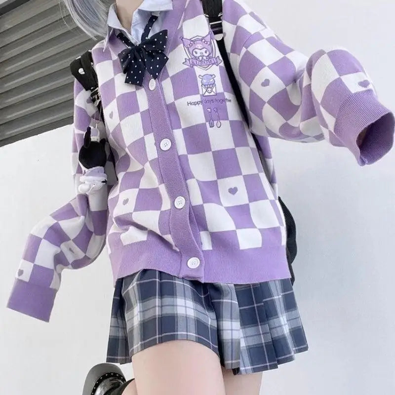 Kawaii kuromi cardigan jacket in purple with checked hearts - s