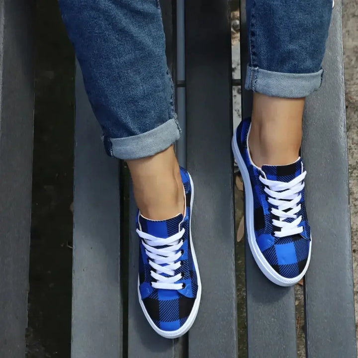 Y2k checkered lace-up flat shoes for your streetwear collection - blue / 35 - shoes