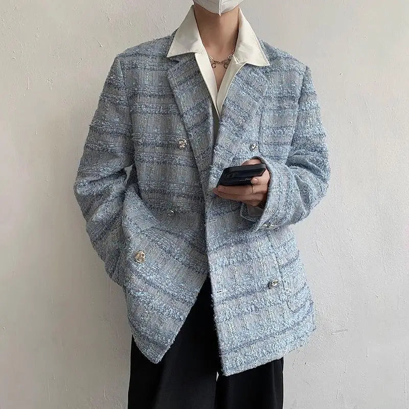 Elegant blue tweed blazer with lapel collar for modern style - s