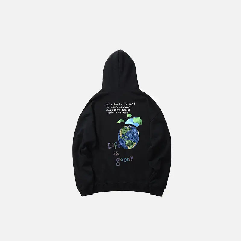 ’life is good’ earth print hoodie y2k - black / s - hoodie