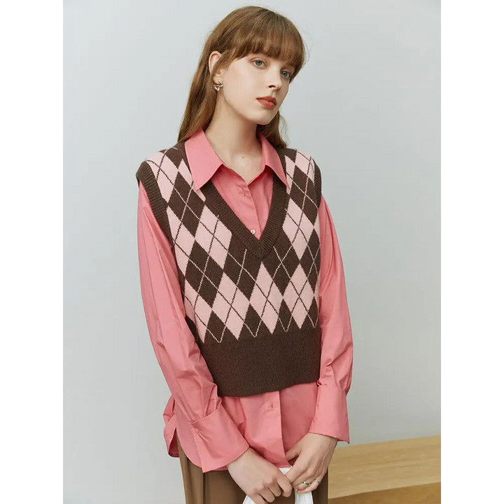 Light academia argyle vest in soft beige green or pink hues - xs - sweater vest