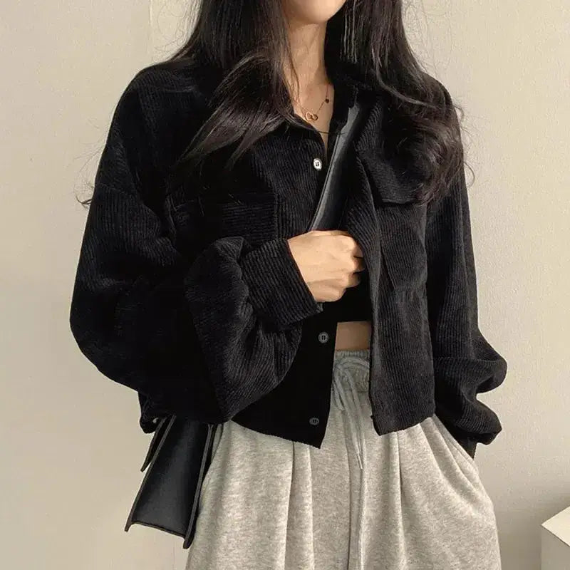 Light academia cropped corduroy jacket - black / s