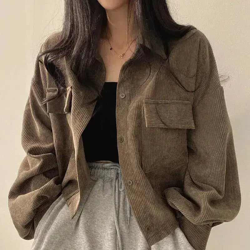 Cropped corduroy jacket with twin chest pockets in light academia style - brown / s