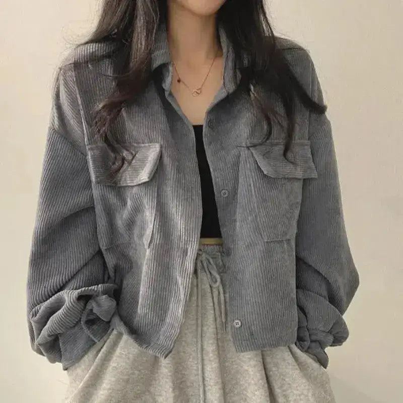 Cropped corduroy jacket with twin chest pockets in light academia style - gray / s