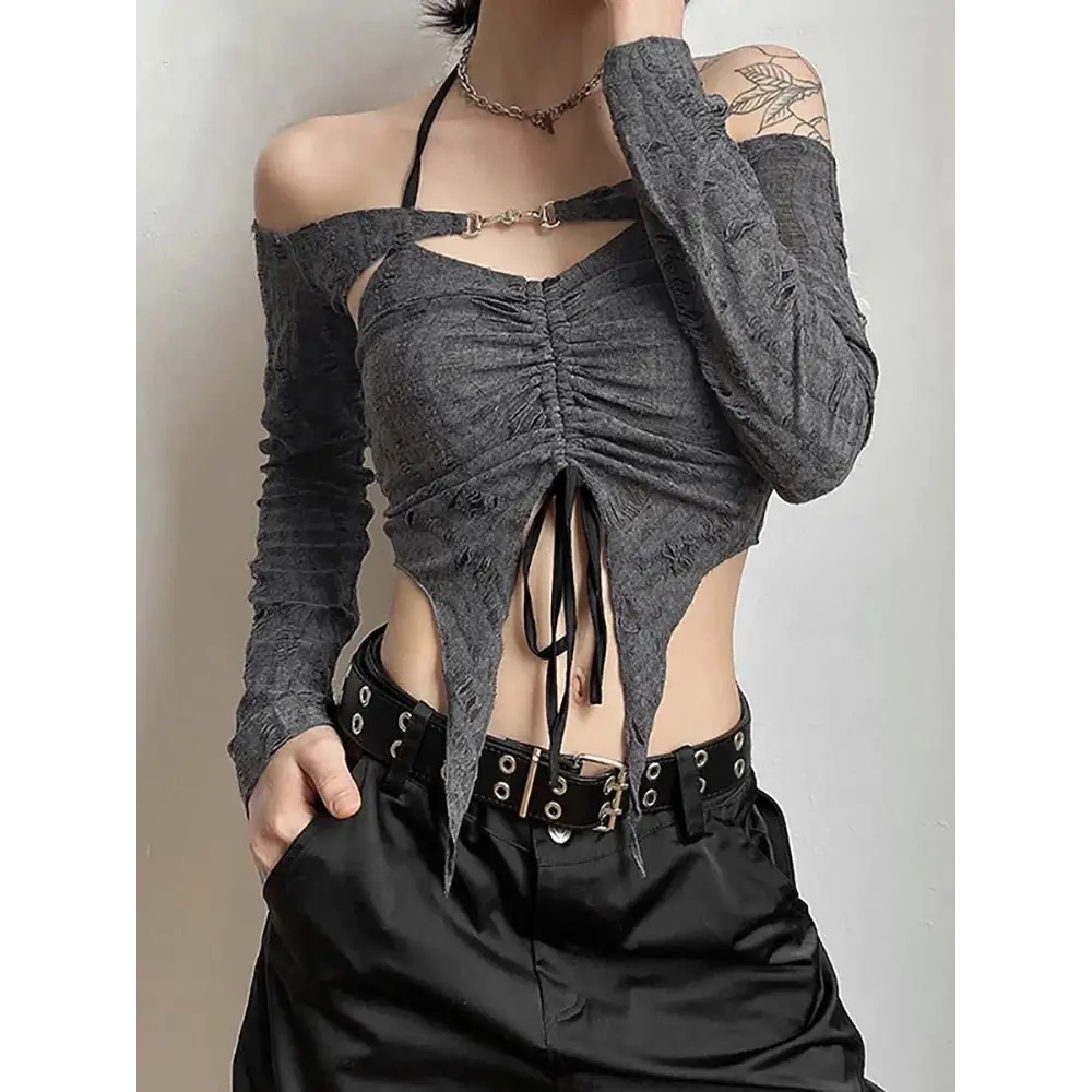 Long sleeve camisole fairy grunge crop top - grey / s