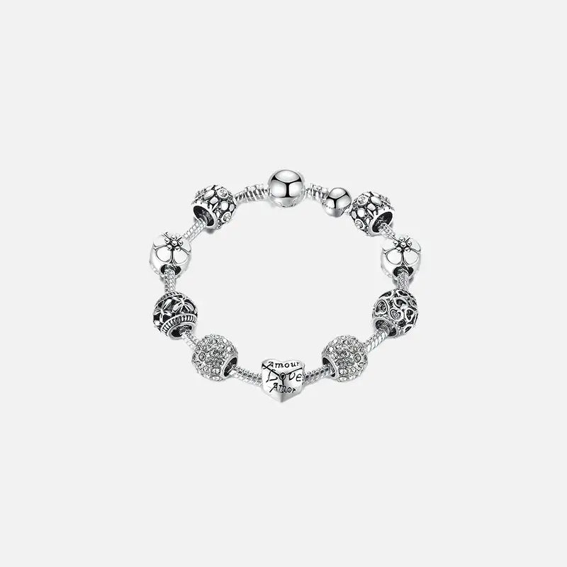 Love and flower silver plated charm bracelet y2k - 18cm - bracelets
