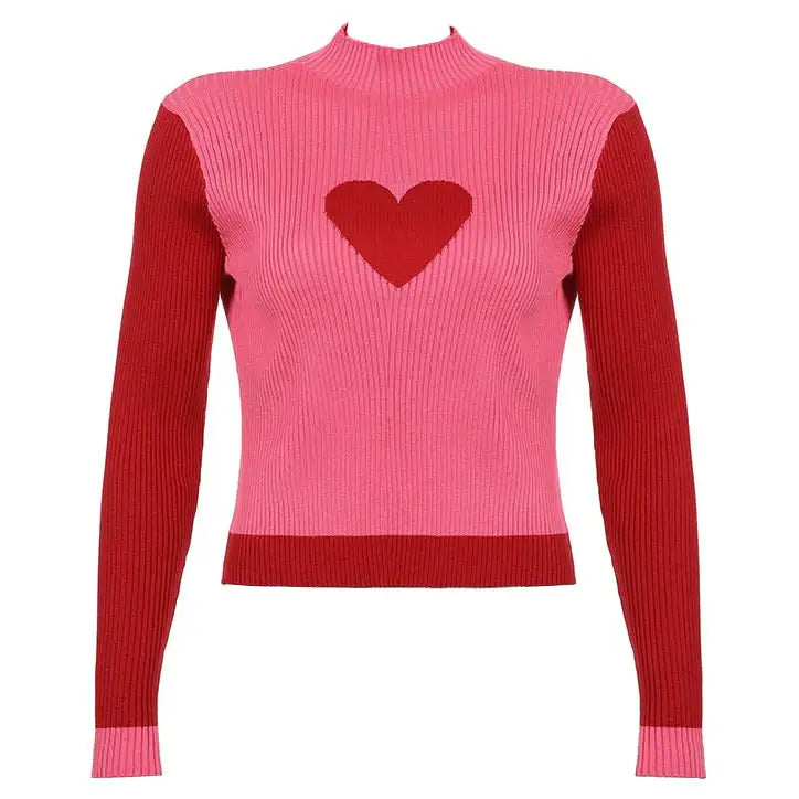 Indie aesthetic turtleneck sweater with heart print for y2k style - tops