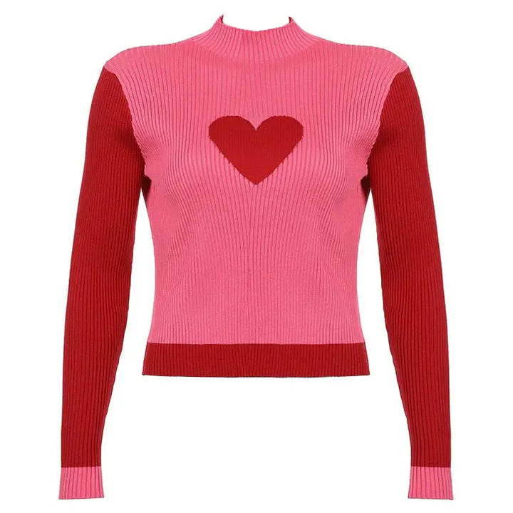 Indie aesthetic turtleneck sweater with heart print for y2k style - tops