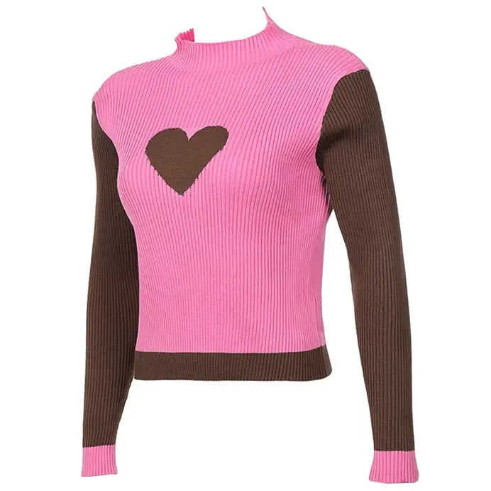 Indie aesthetic turtleneck sweater with heart print for y2k style - tops