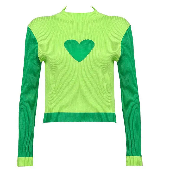 Indie aesthetic turtleneck sweater with heart print for y2k style - tops