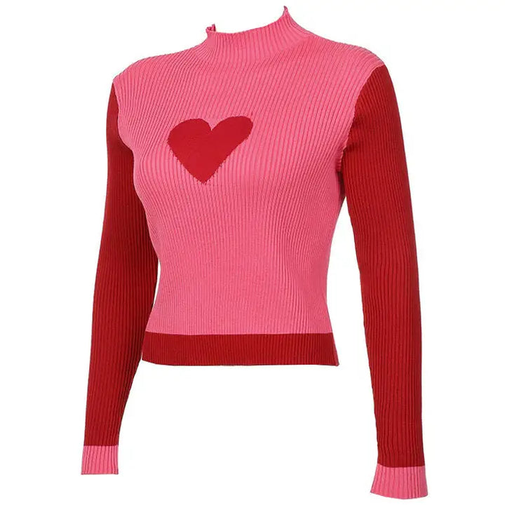 Indie aesthetic turtleneck sweater with heart print for y2k style - tops