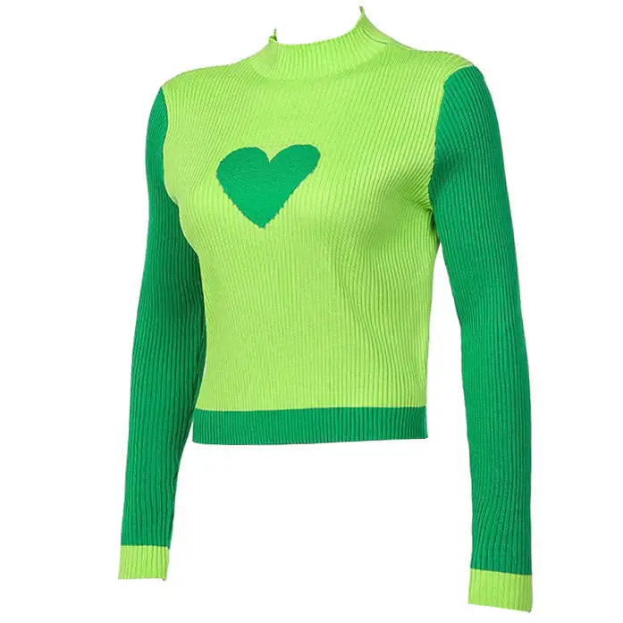 Indie aesthetic turtleneck sweater with heart print for y2k style - tops